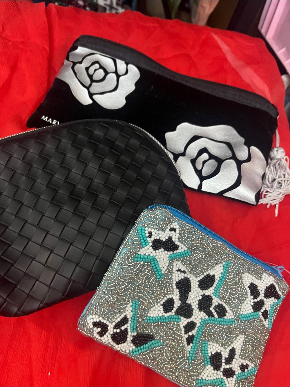 MaryKay Black Cosmetic Pouch Set with Silver Rose and Teal-Beaded Accent 95